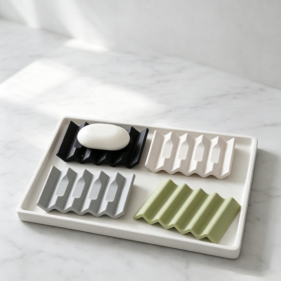 Reusable Silicone Drain Soap Tray, Multi Purpose Soap Holder for Camping Shower & Sink,Big Wave Grey 13 * 9