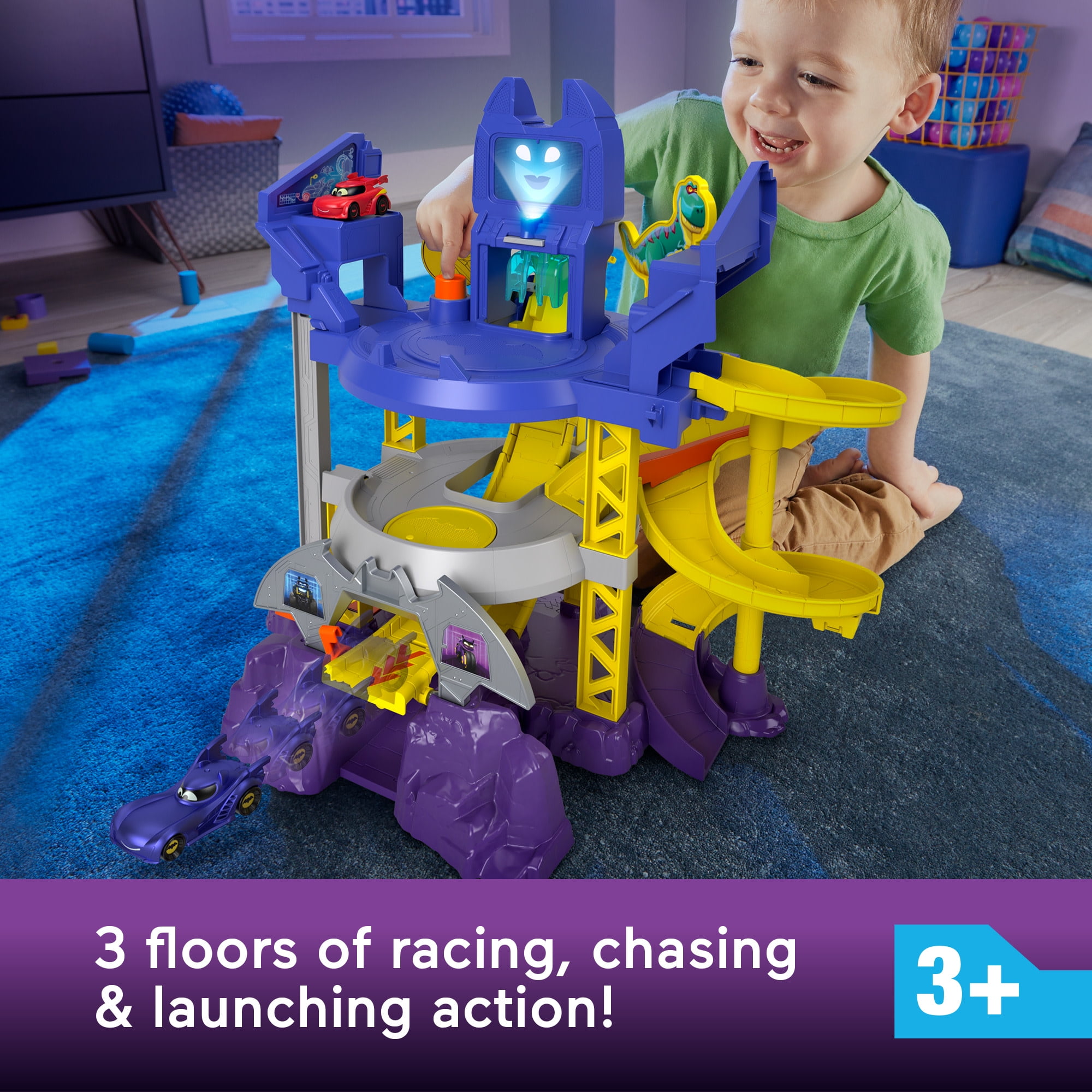 Fisher-Price DC Batwheels Race Track Playset, Launch & Race Batcave with Lights Sounds & 2 Toy Cars