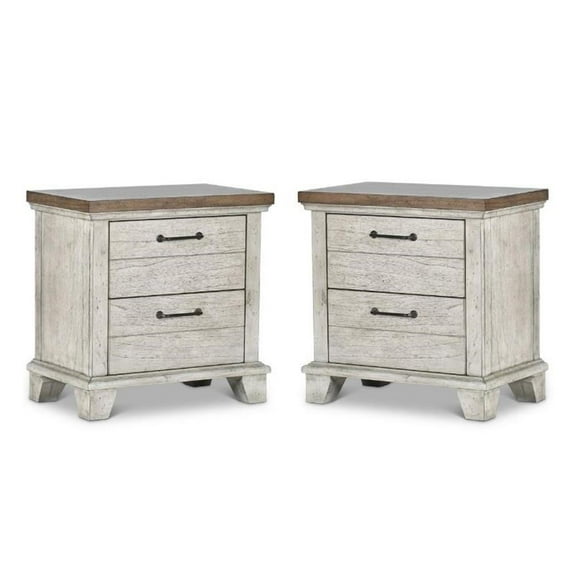Home Square Two Drawer Wood Nightstand Set in Rustic Ivory (Set of 2)