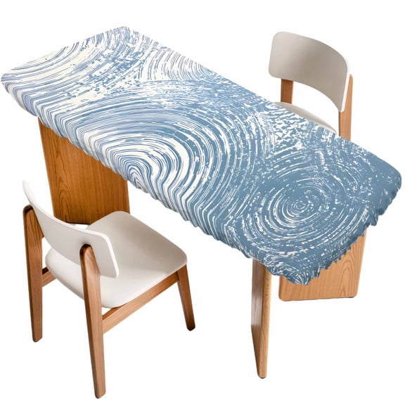 Water Wave Blue Table Cloths for 8 Foot Rectangle Tables, Abstract Art Minimalist Patio Waterproof Elastic Fitted Tablecloths, Washable Rectangular Table Cover for Camping