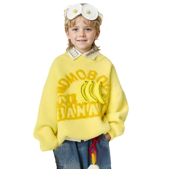 MEZZALL Boys Knitted Pullover Sweater Long Sleeve Crewneck Tops With Cute Banana Print Soft Warm Comfortable Casual Fall Winter Kids Trendy Knitwear Child Dailywear
