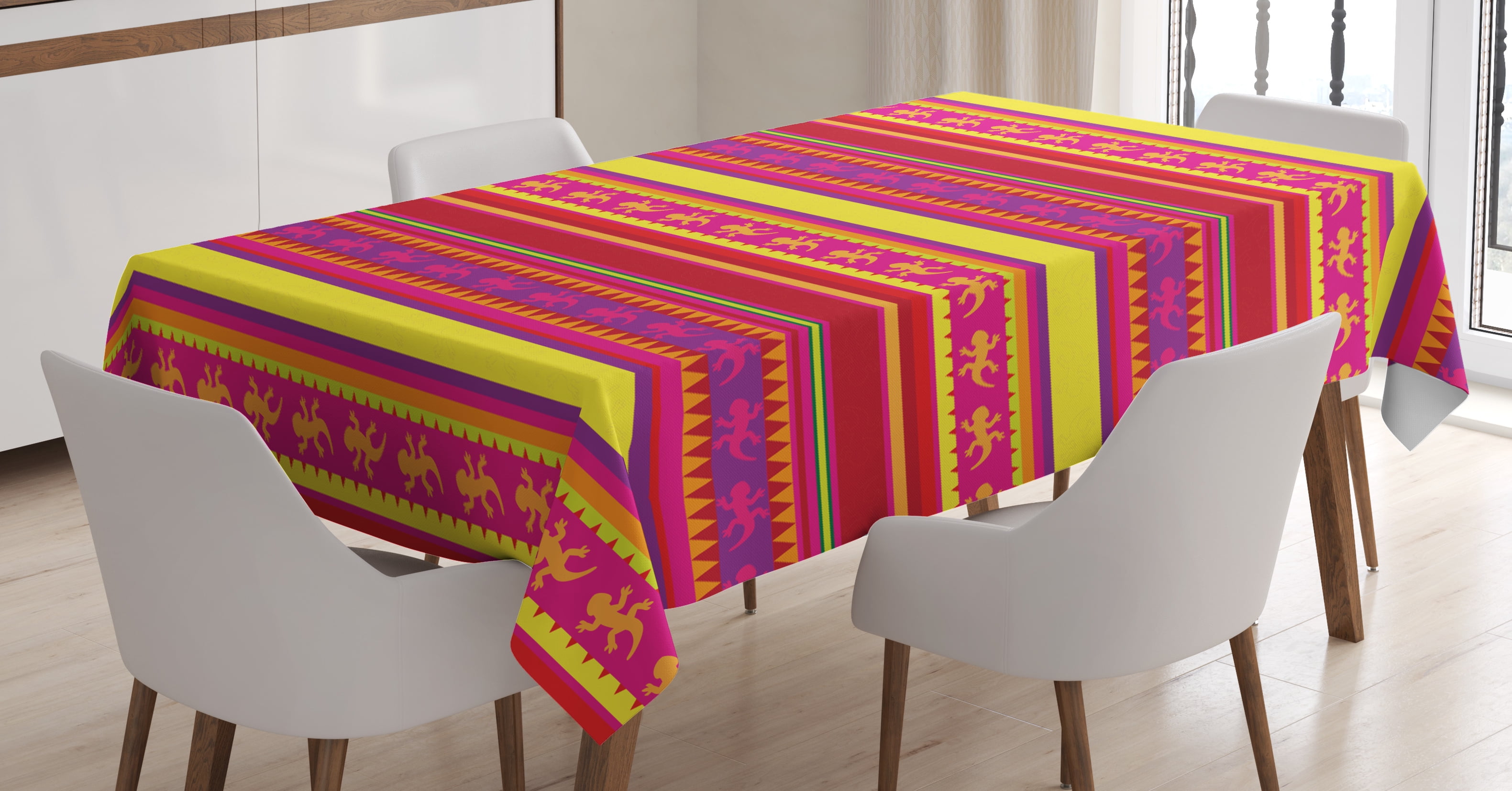 Mexican Tablecloth, Vibrant Colored Striped Pattern with Abstract
