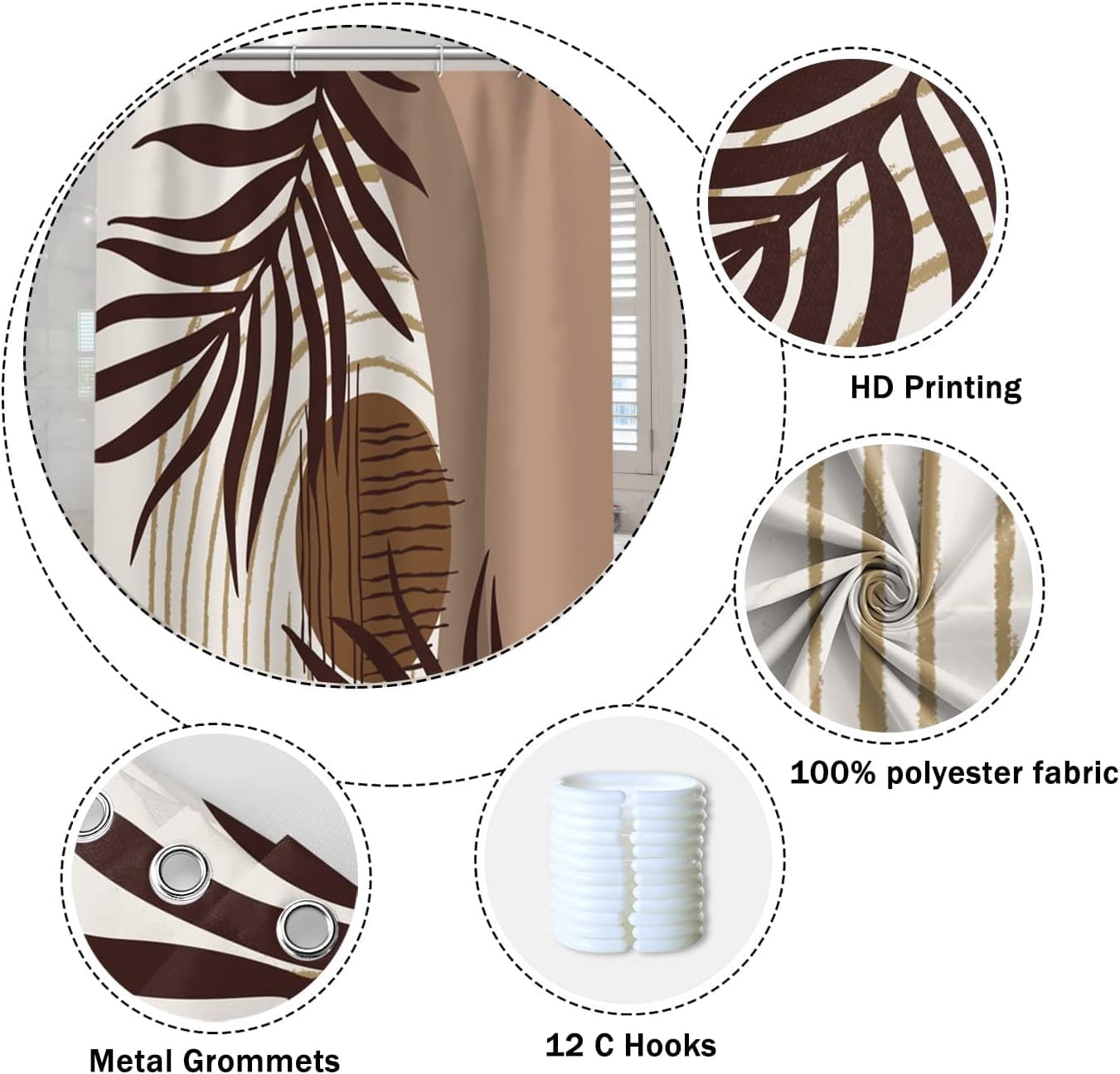 Abstract Mid Century Boho Bathroom Shower Curtain Eucalyptus Leaves Brown and Beige Sun Shower Curtain with Hooks Waterproof Fabric Polyester Shower Curtain for Art Home Decor, 72x72 Inch