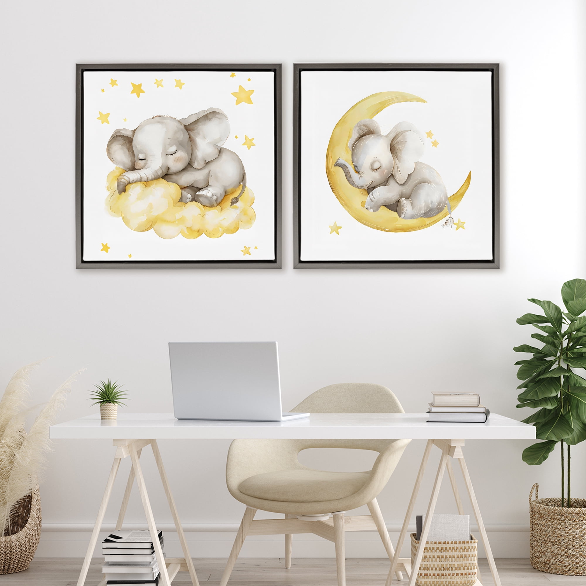 Stupell Industries Sleeping Elephant Moon and Clouds 2 Piece Gray Framed Floater Canvas Set, design by LSR Design Studio