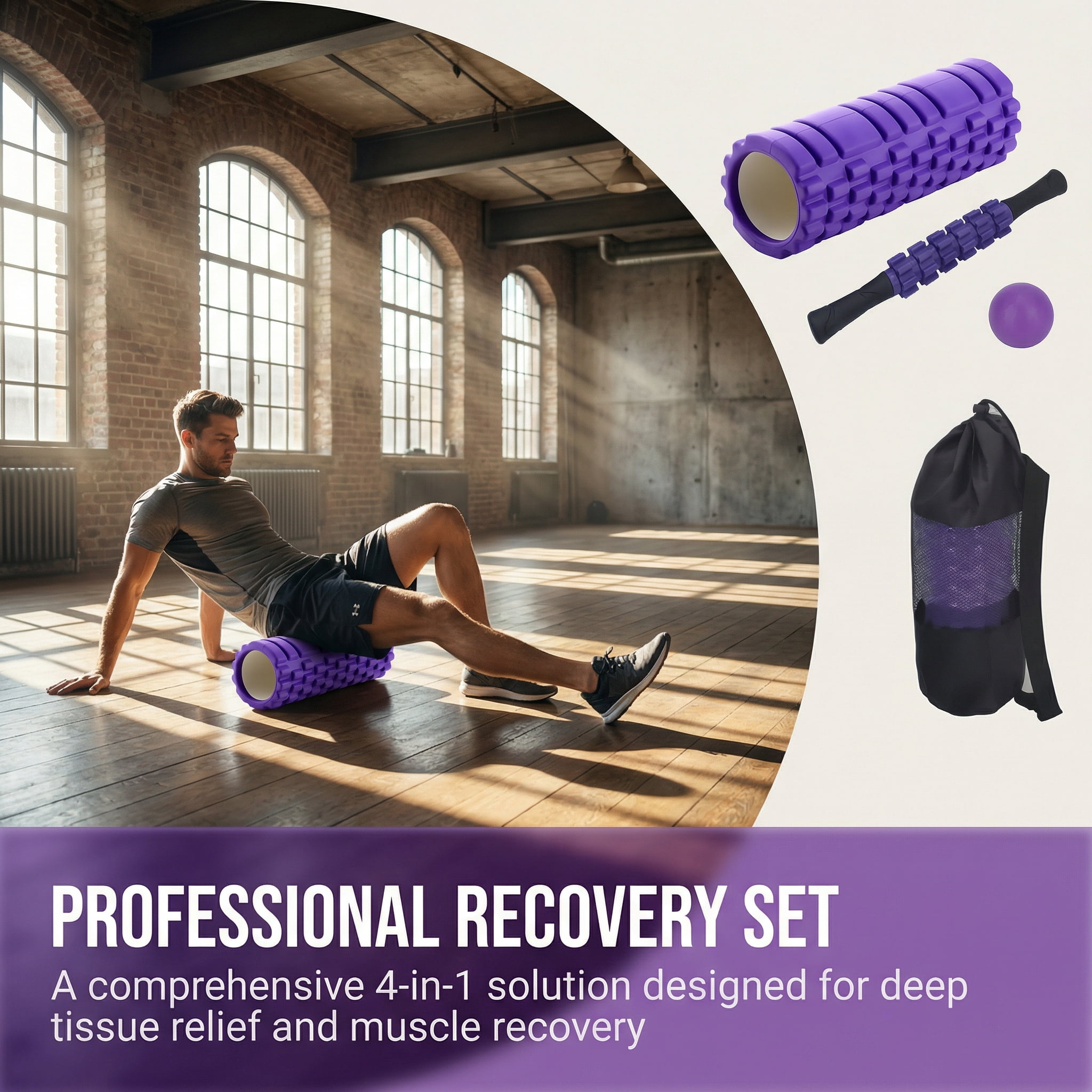 4-in-1 Purple Foam Roller Set,Foam Roller,Massage Stick,Massage Ball & Carry Bag, Deep Tissue Massage Tool for Muscle Recovery,Back Pain Relief,Yoga,Pilates,Home Gym & Physical Therapy