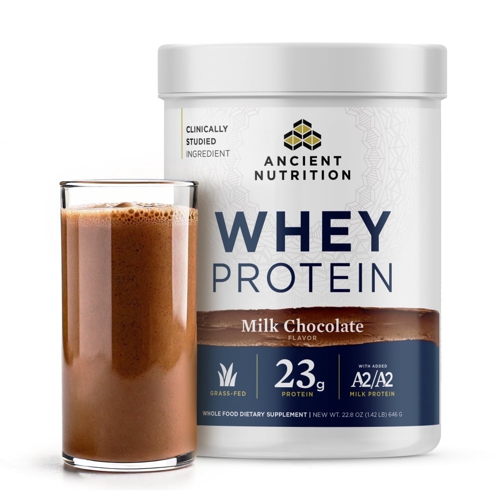 Ancient Nutrition Grass Fed Whey Protein Powder, Milk Chocolate, 23g Protein, A2/A2 Milk & Hydrolyzed Collagen Peptides, 20 Servings