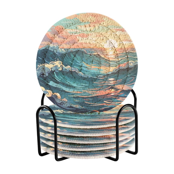 Waves at Sunset Drink Coasters with Holder Absorbent Coaster for Coffee Table Room Decor 6 Pack