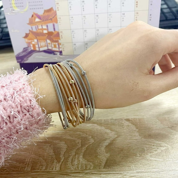 AOOOWER 10 Pieces/set Rose Gold Guitar Spring Bracelets Stack Carbon Steel Coil String Bangle Wirstband Stackable Jewelry