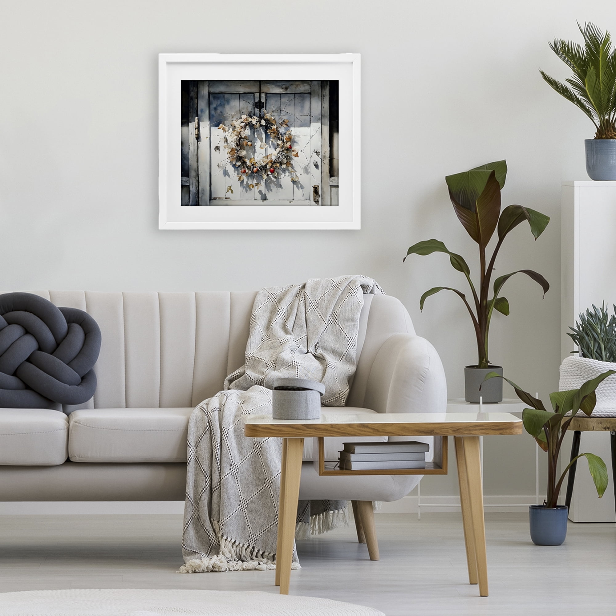Stupell Industries Rustic Wreath on White Door White Framed Print Under Glass, design by Franklyn Gregory