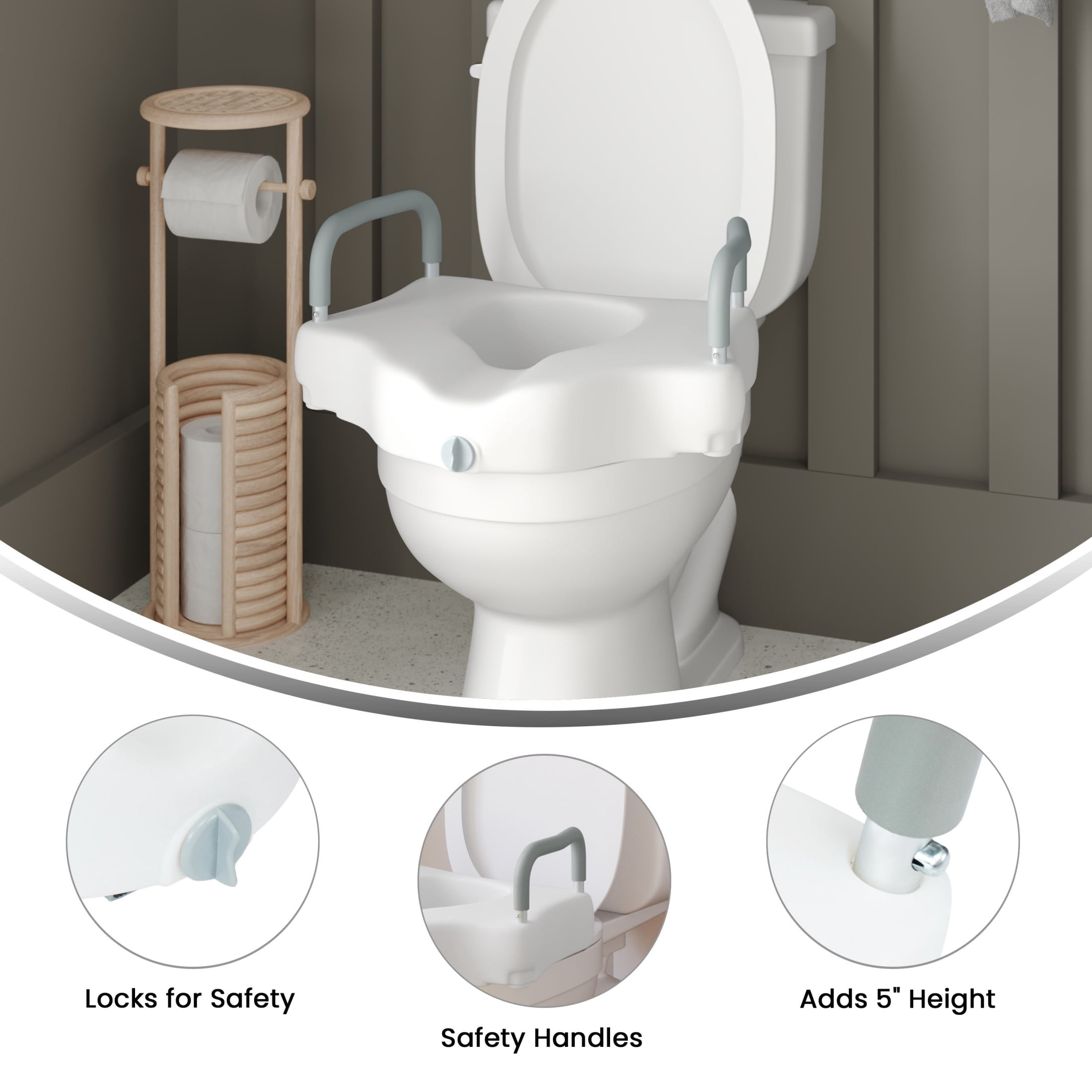 Emma + Oliver Elevated Toilet Seat for the Elderly with Height Adjustable Foam Wrapped Handles and Locking Safety Mechanism