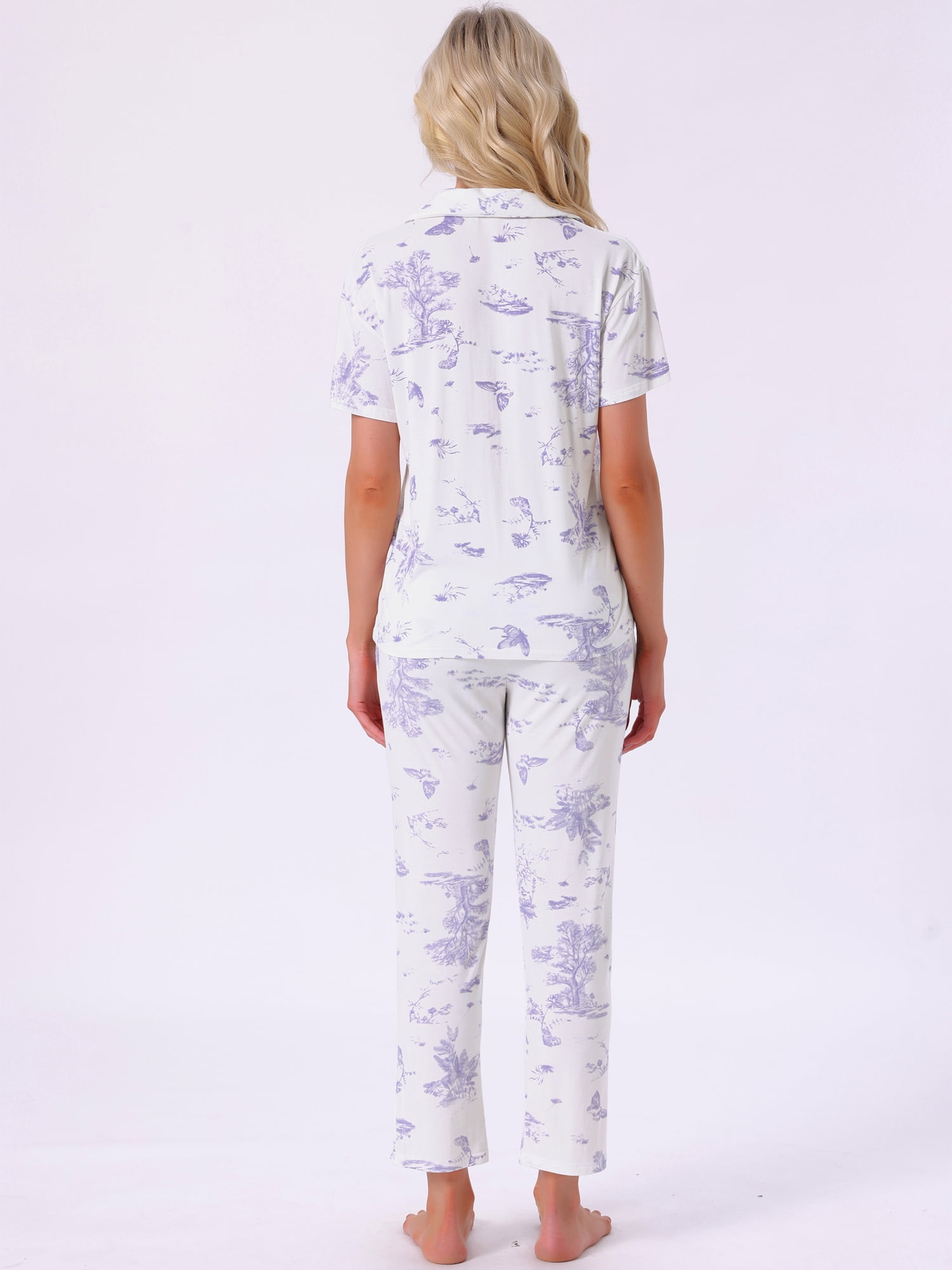 DARING DIVA Tencel Floral Short Sleeve Notched Collar Pants Set XS Purple