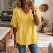 Stralyhd Cotton Linen Tops for Women 3/4 Sleeve Tops Casual V-Neck Shirt Bohemian Tiered Ruffle Fashion Blouses 2026 Summer Outfits Yellow 2XL