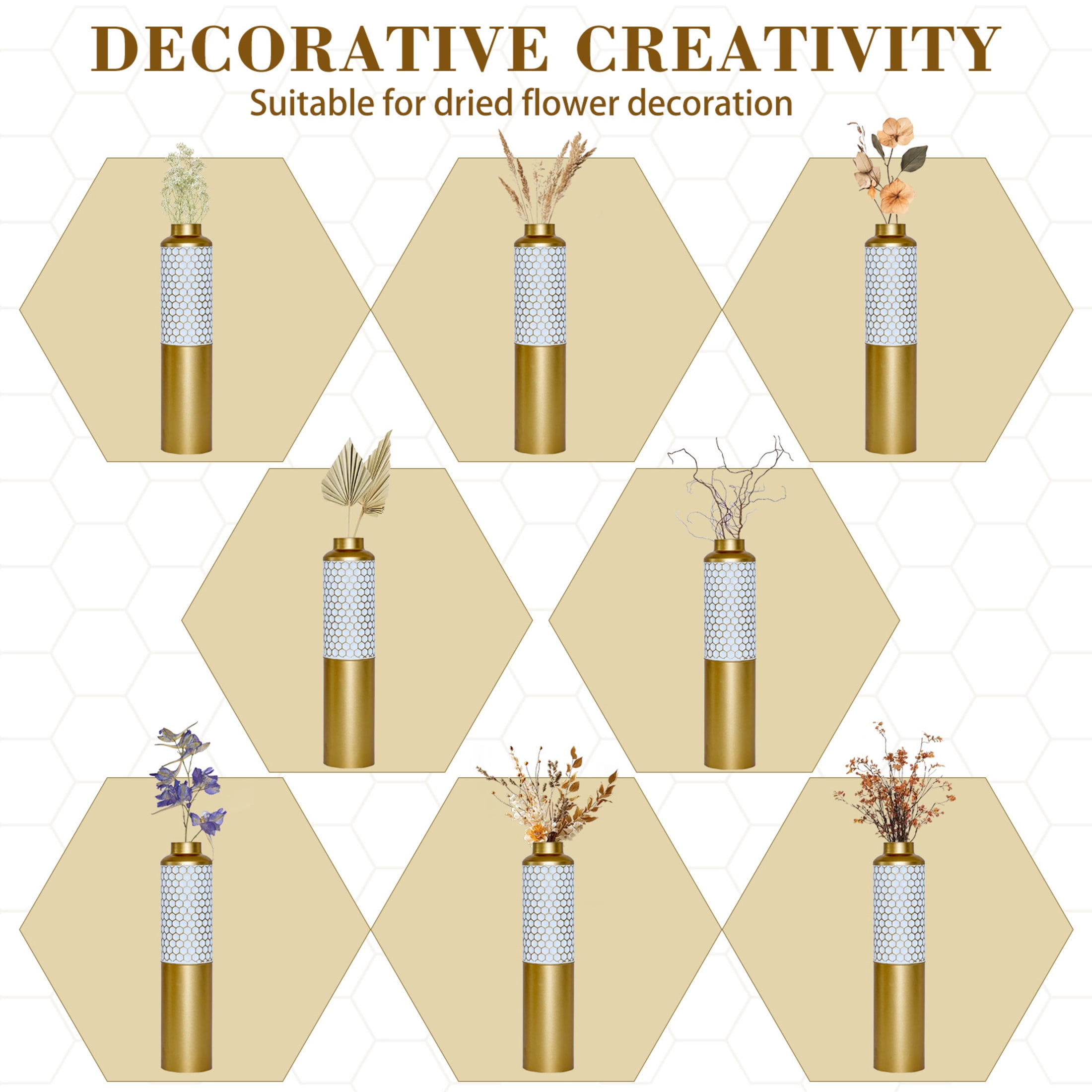 Noble House 3-Piece Metal Floor Vase Set, Textured Hexagonal Pattern Decorative Vases, Gold + White
