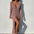 thumbnail image 2 of Button Down Knit Sweater Dress Single Breasted V Neck Long Sleeve Open Front Casual Ribbed Knit Dress for Women Pink 3XL, 2 of 6