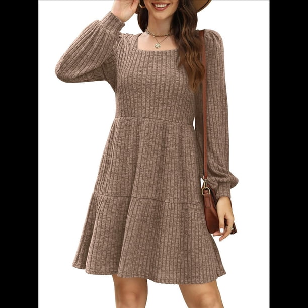Vestido Estilo Babydoll Informal de Otoño con Cuello Cuadrado y Larga para Mujer Caqui XL