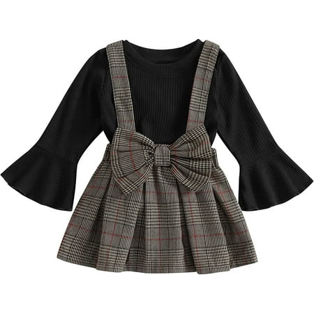 

PIKADINGNIS Toddler Baby Girls Fall Winter Outfit Ribbed Long Sleeve Pullover Tops Plaid Suspender Skirt Set 2Pcs Clothes