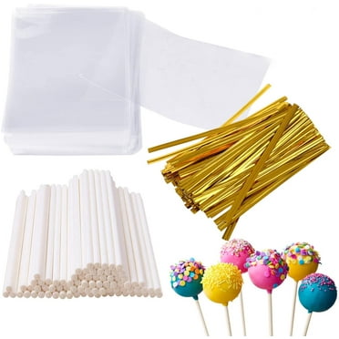 Olurrisa 300-Piece Cake Pop Sticks and Wrappers Set - Includes 100 Cake Pop Bags, 100 Sticks, and 100 Golden Ties for Lollipop Wrapping