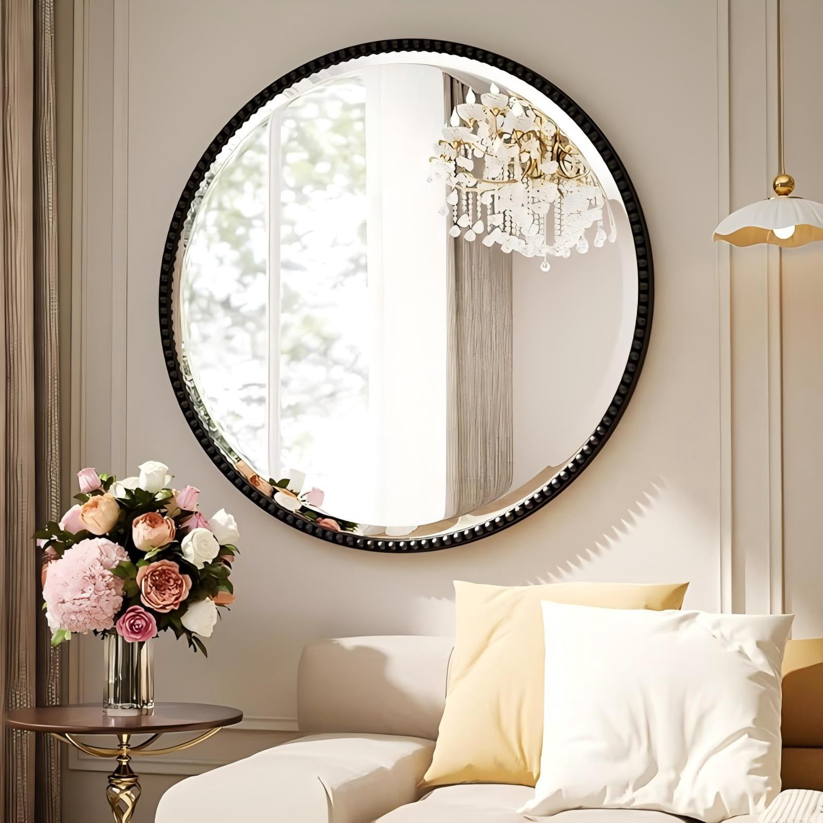 Mirrasia 36" Round Wall Mirror Decoration Hanging Mirror With Beaded Frame,Black