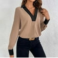 thumbnail image 2 of Ltctricy Blouses for Women Business Casual Long Sleeve V Neck Collared Color Block Pleated Tunic Tops Loose Work Shirts(Coffee,Large), 2 of 7
