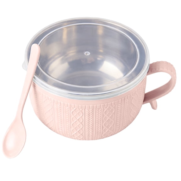 1 Pc Portable Soup Mug with Lid & Handle, Stainless Steel Inner Bowl with Spoon, Microwave Ramen Bowl, Insulated Noodle Bowl for Ramen Noodle Soup Porridge Cereal Oats Coffee, 5.51"x3.74", Pink