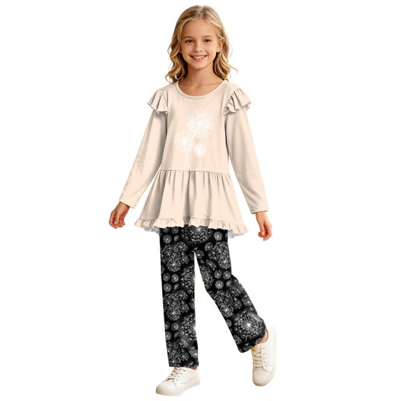 OJSFQUFP Girls Flutter Long Sleeved Top Slim Fit Trousers for Home Outdoor Wear Casual and Stylish Bow Print Girls 2Piece Set