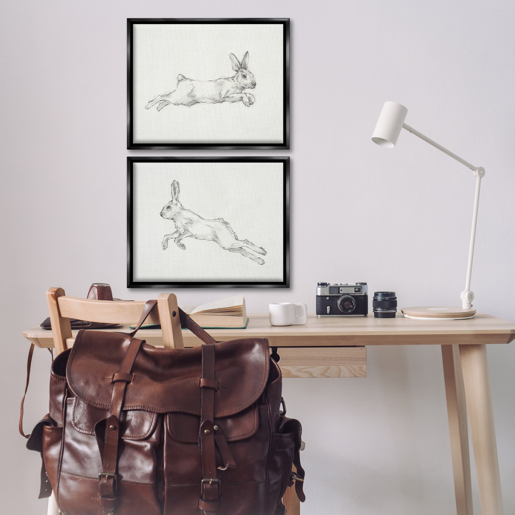 Stupell Industries Pencil Sketch Rabbit Jumping Animals Drawing Black Floater Framed Canvas Art Print Wall Art, 21 x 17, Set of 2
