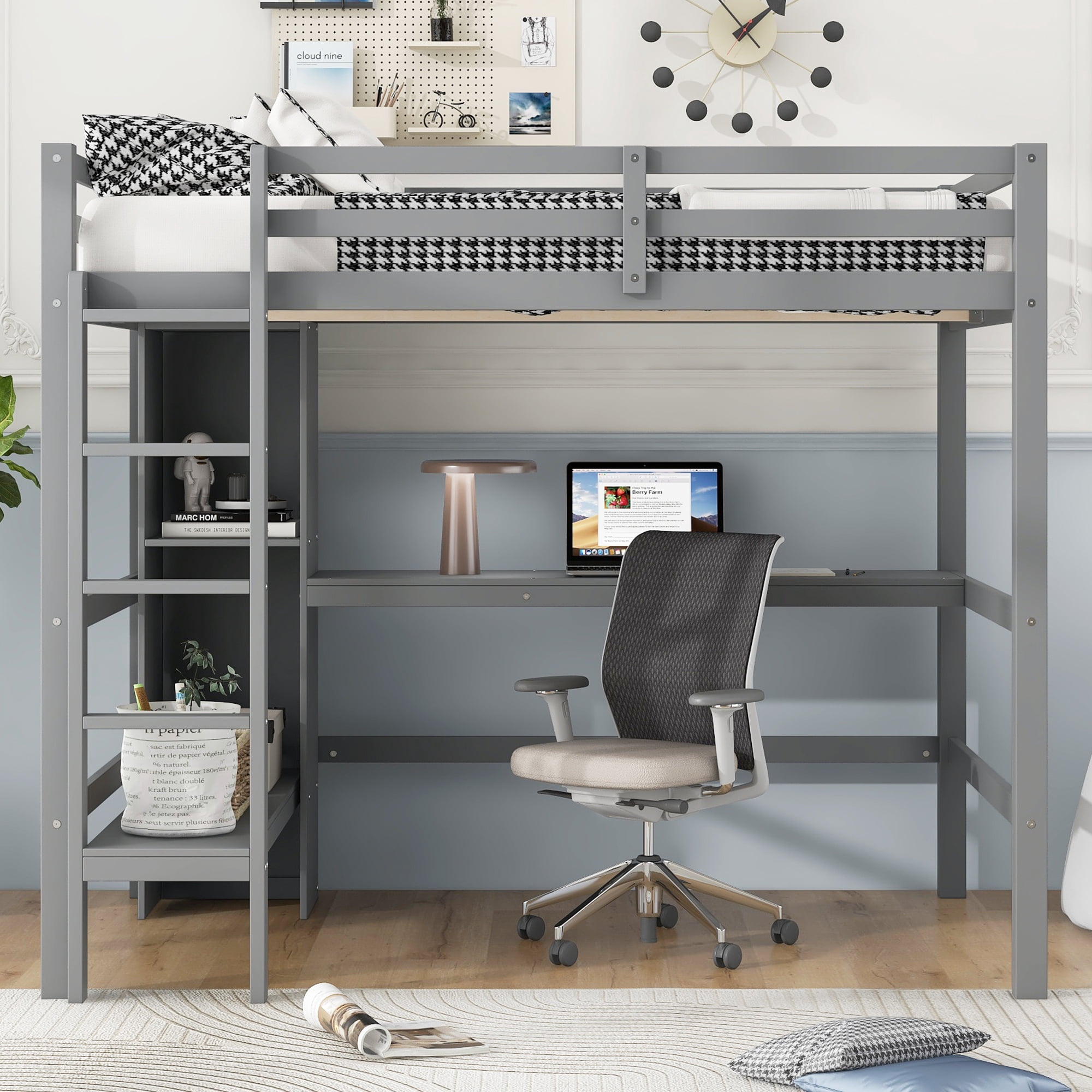 Euroco Full Size Loft Bed with Desk, Shelves and Cabinet for Kids Teens Room, Solid Wood Bed, Gray