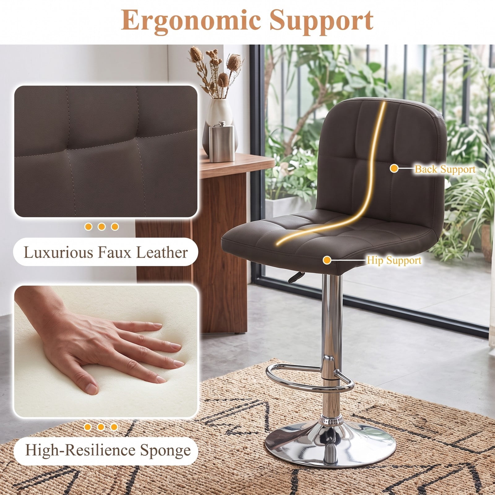 Furnibear Swivel Bar Stools Set of 2, 24-32 Inch Adjustable Height Counter Height Barstools with Footrest, 360 Degree Swivel Faux Leather Padded Kitchen Island, Brown