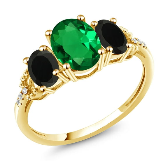 Gem Stone King 1.59 Cttw Oval Green Simulated Emerald Black Onyx and Diamond 10K Yellow Gold Engagement Ring for Women.5 (Size 6)