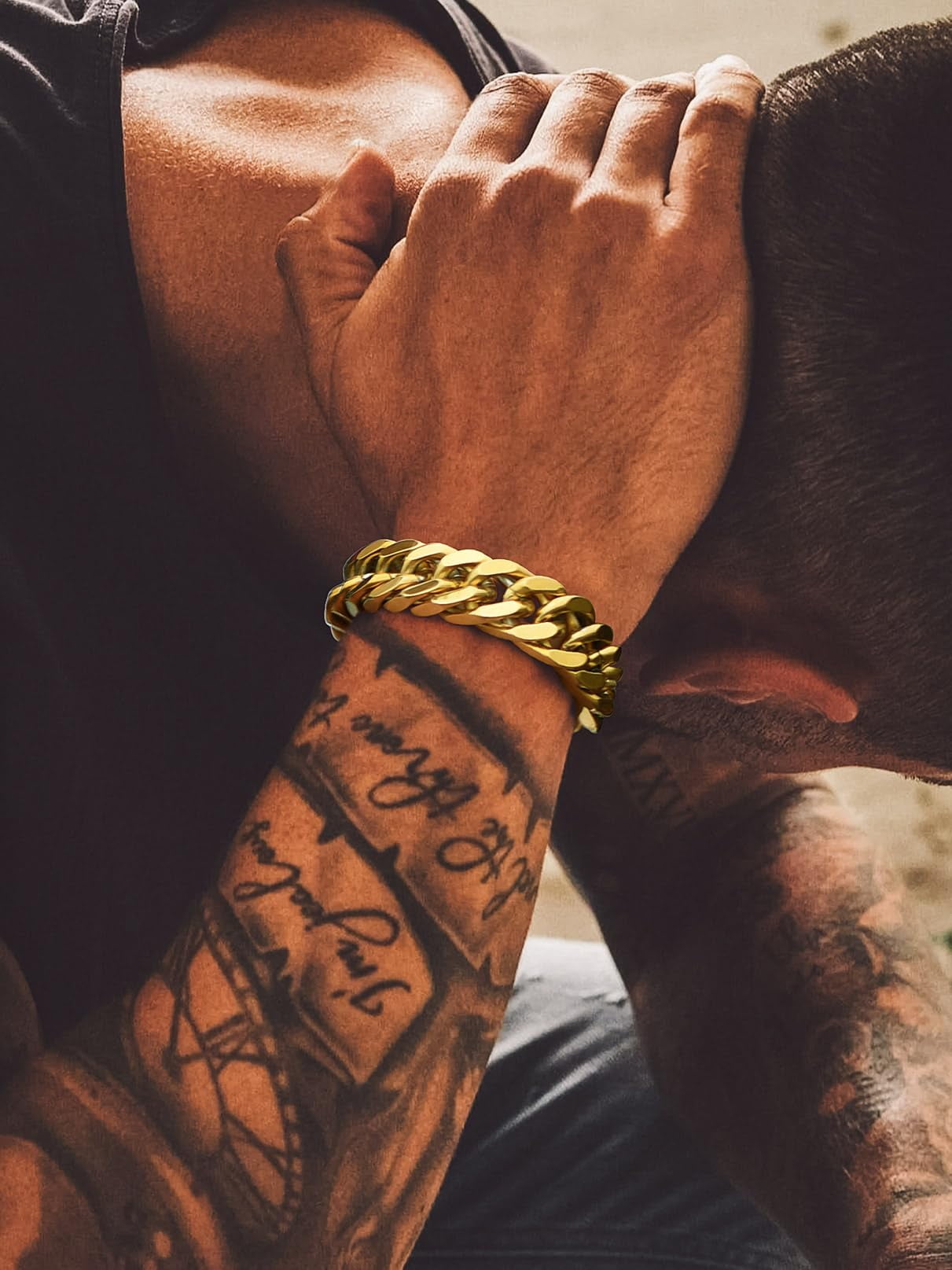 Bandmax 17MM 14K Gold Plated Cuban Chain Bracelets for Men Stainless Steel Miami Curb Link Hand Chain Wristlet Birthday Valentines Father Day Gift for Dad Son Husband Grandpa