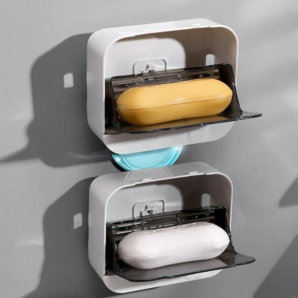 Jabonera de pared con tapa | Organizador de baño impermeable | Instalación adhesiva sin taladros | Jabonera y dispensador de plástico