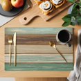 thumbnail image 2 of Teal Brown Placemats Set of 4, Farmhouse Rustic Wooden Plank Board Placemats for Dining Table, Place Mats for Kitchen Tabletop, Waterproof Wipeable Dining Table Mats Set, 2 of 9