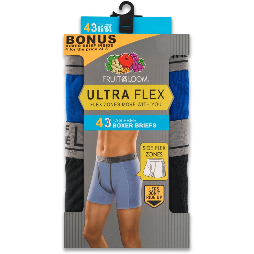 Fruit of the Loom Men's Ultra Flex Assorted Color Boxer Briefs, 3+1 Bonus Pack