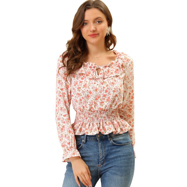 Allegra K Blusa Floral De Gasa De Manga Larga Con Volantes Fruncidos Con Volantes Para Mujer blanco XS Unique Bargains Blusa