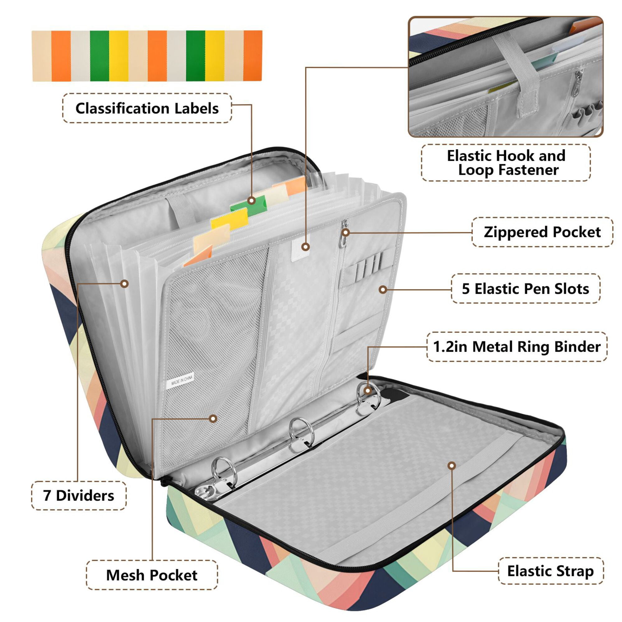 FORMRS Accordion File Folder A4 Size 7-Pocket Expanding Document Organizer Bag with 3 Ring Binder, Green Stripes