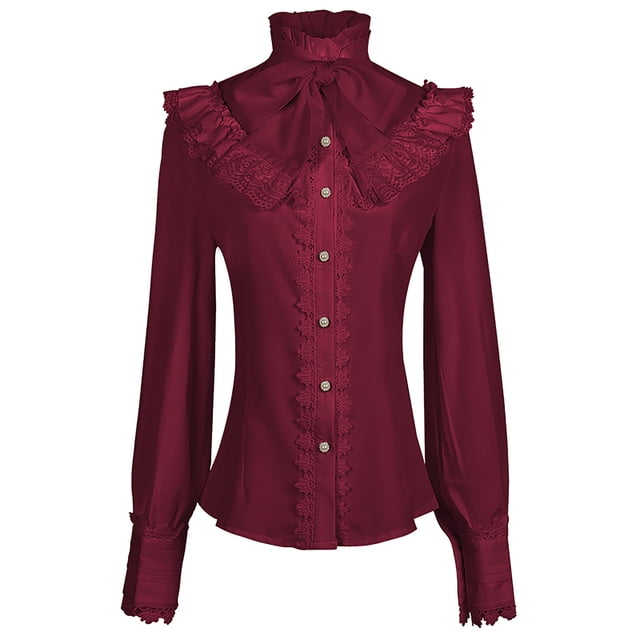 Ailaofu Women Victorian Blouse Gothic Shirts Vintage Lace Long Sleeve Ruffled Blouses with a Bow Button Down Shirt