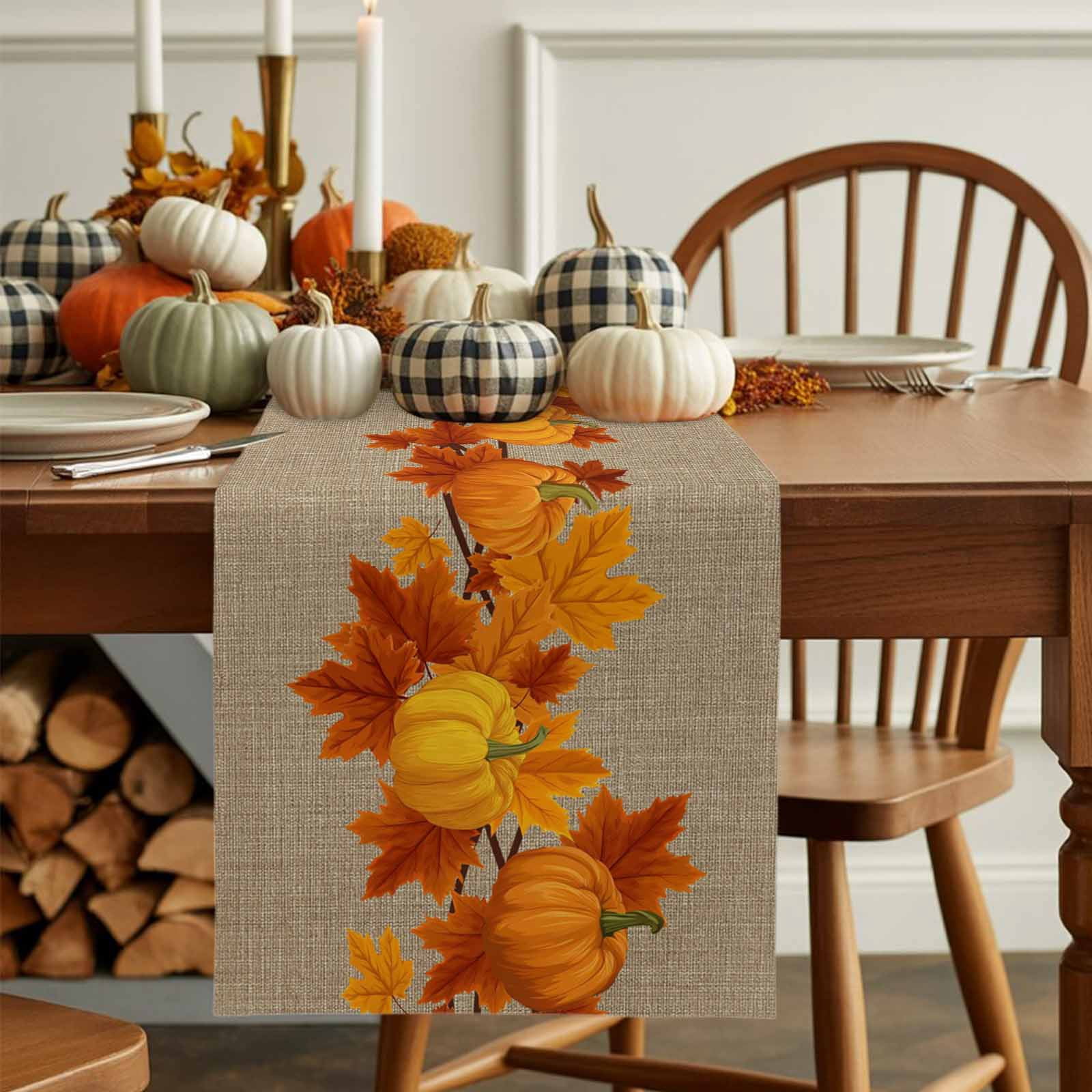 Fall Thanksgiving Cotton Linen Table Runner, Washable Table Runners for Kitchen, Dining Room, Holiday, Home Party Table Decor, 13x120 Inches