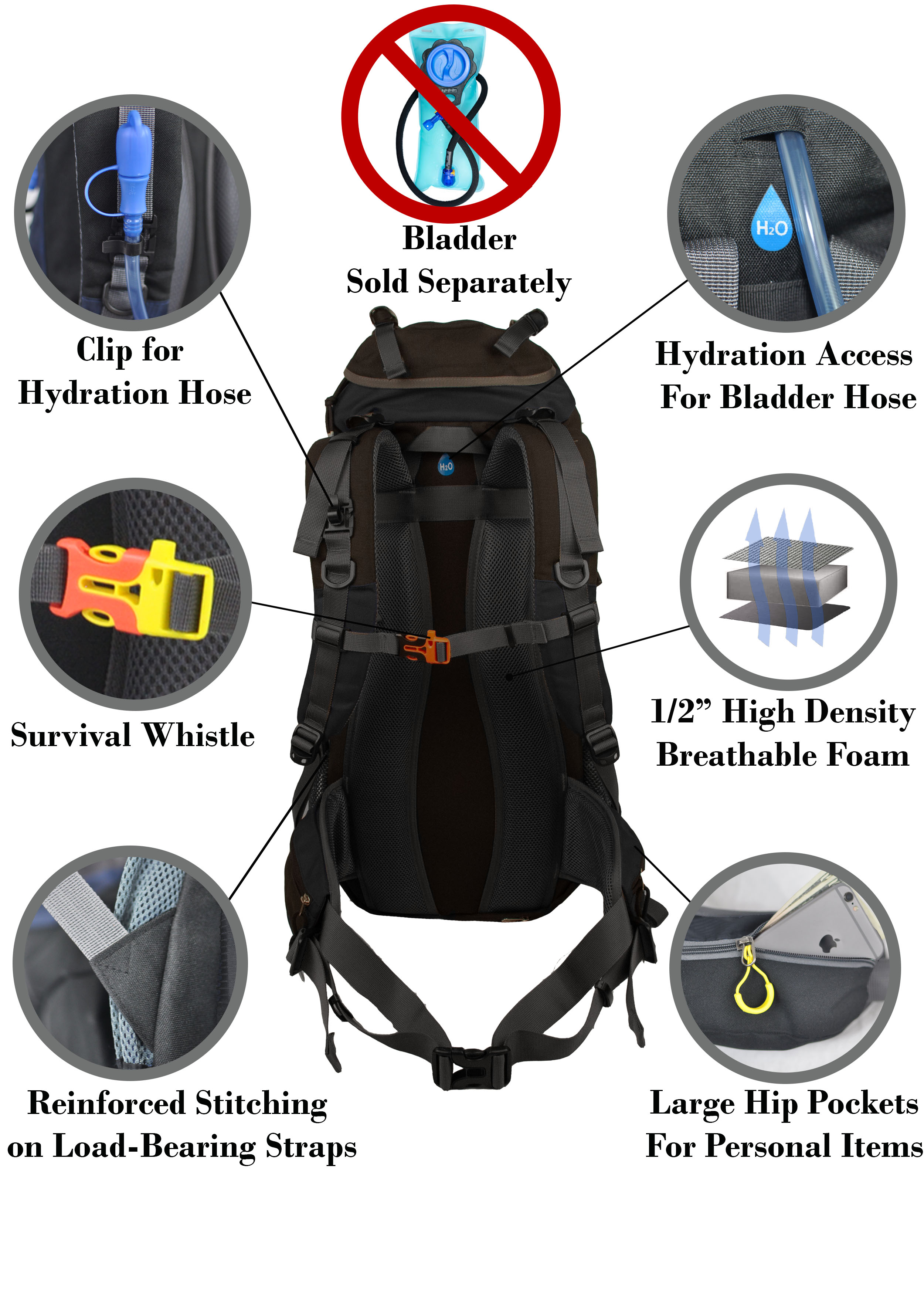 Duraton Hiking Backpack 50L with Rain Cover for Backpacking or Camping; Fits Men and Women (Black) - image 5 of 8