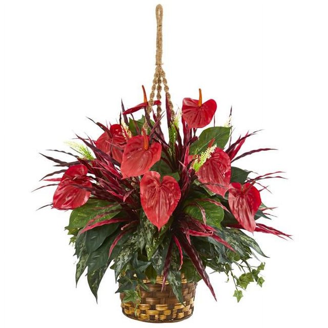 Nearly Natural 6418 Mixed Anthurium Hanging Basket Artificial Plant