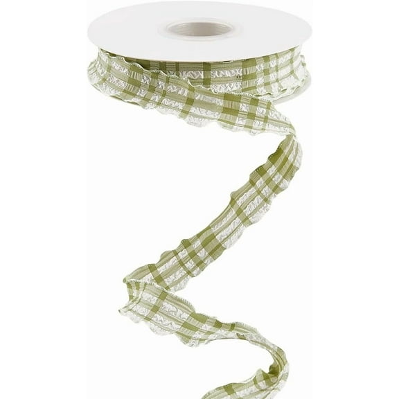 1 Inch 10 Yards Green Ruffle Edge Plaid Ribbon Double Side Ruffled Checkered Chiffon Gingham Edging Trimming Lace Decorative Trim for Sewing Making Gift Wrapping Wedding DIY Craft Supplies