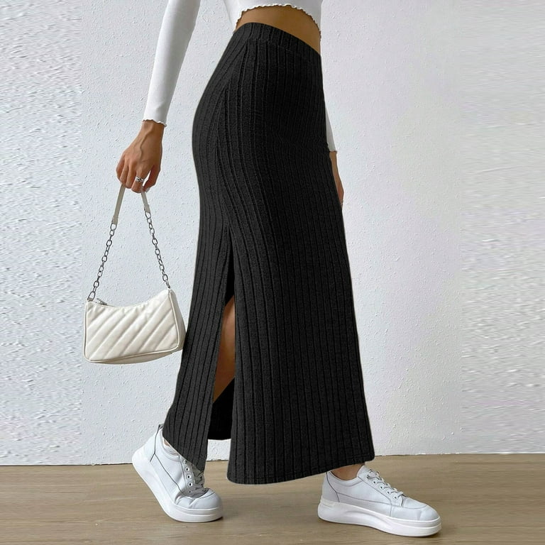 Womens Skirts High Waist Stretchy Rib Knit Split Slit Hem Midi