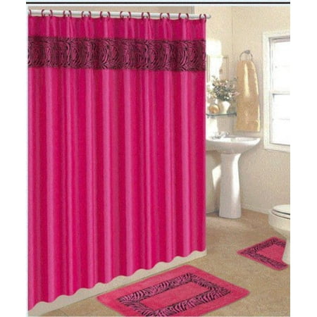 4 Piece Bath Rug Set/ 3 Piece Pink Zebra Bathroom Rugs with Fabric Shower Curtain and Matching 