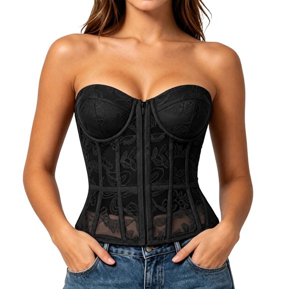 LEAVINGSUO Corset Tops for Women Vintage Strapless Lace Shaping Top Sheer Floral Mesh Hook Front Boned Slim Waist Bustier Club Daily Outfit Black S