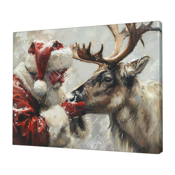 12x16 inch Oil Paintings On Canvas Santa Claus & Reindeer,Rustic Home Living Room,Bedroom,Cafes,Library Wall Decor Art Prints,Funny Santa Claus & Reindeer Painting,For Reindeer Lovers Gifts