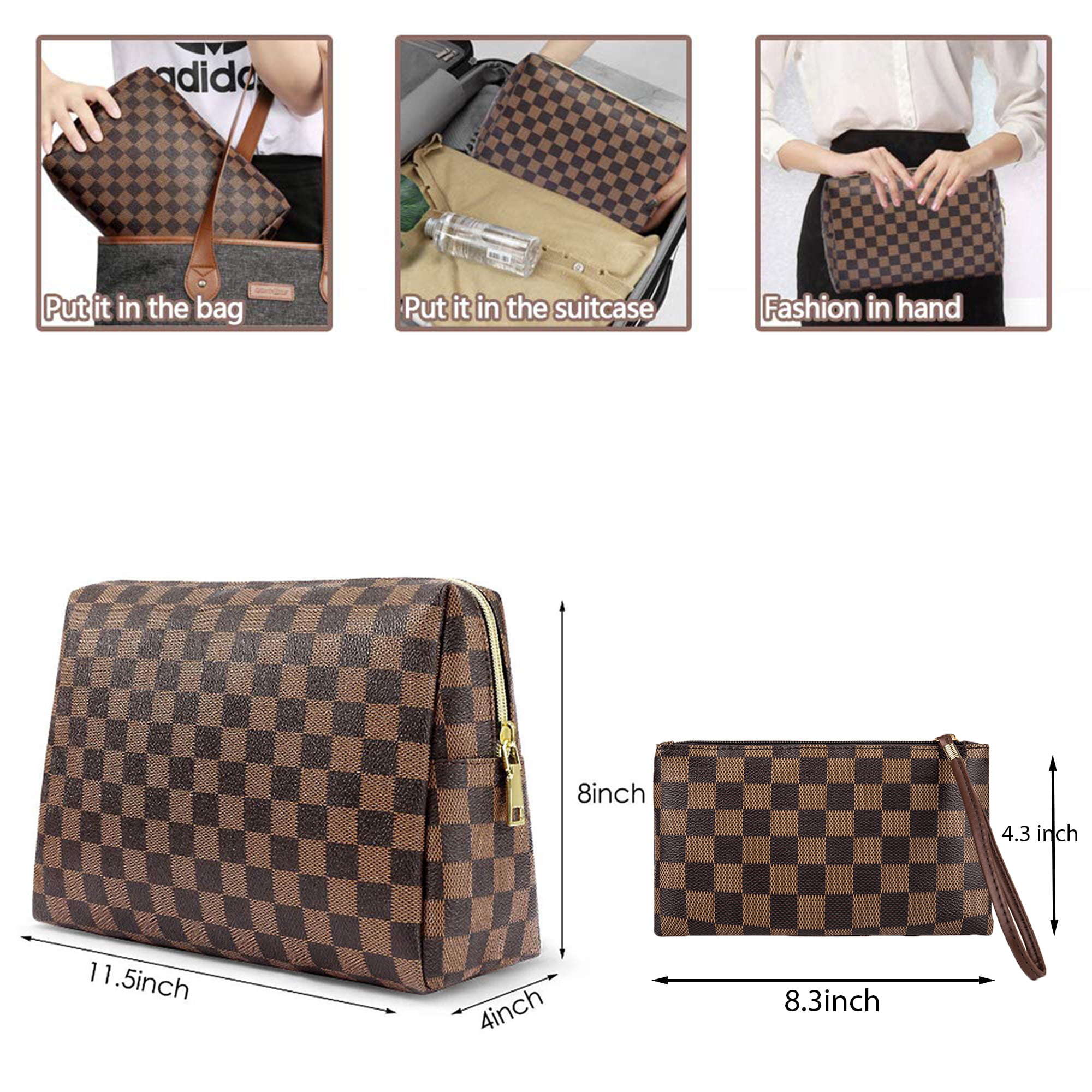 LOKASS Makeup Bag for Women Checkered Travel Case Leather Cosmetic Organizer Tools Toiletry Jewelry, Size: 10.2 x 9.4 x 3.7, Brown