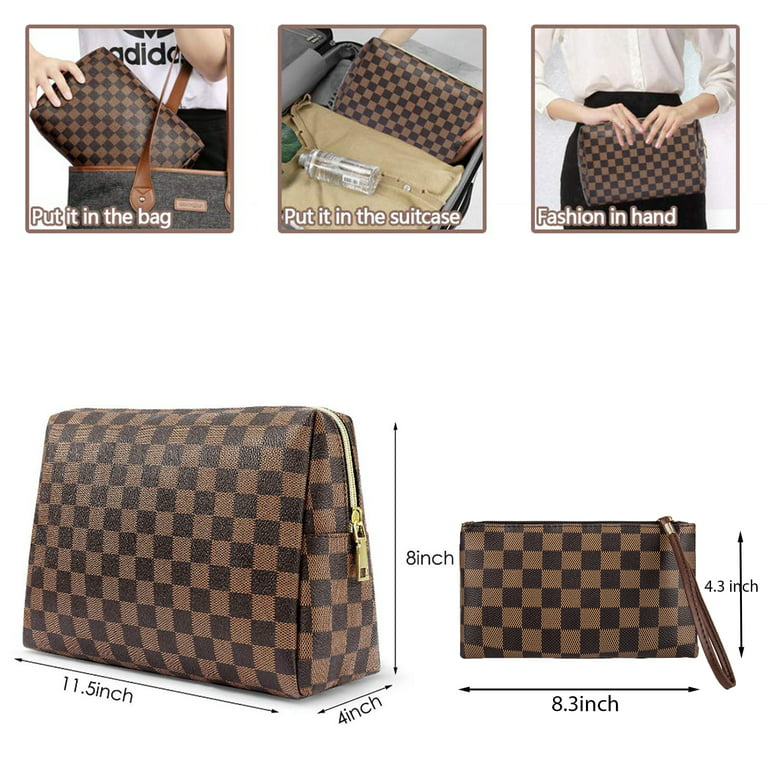 2Pcs Cosmetic Travel Bag, Brown Checkered Makeup Bag, Lightweight and  Waterproof Leather Toiletries Bag for Gril Friend Wife Bridal Birthday  Christmas Gifts 