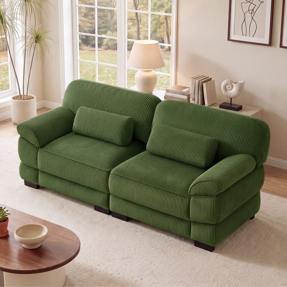 FFH 76.4" Modular Sectional Cloud Couch, Modern Corduroy Loveseat, 2 Seater Sofa for Living Room, Green