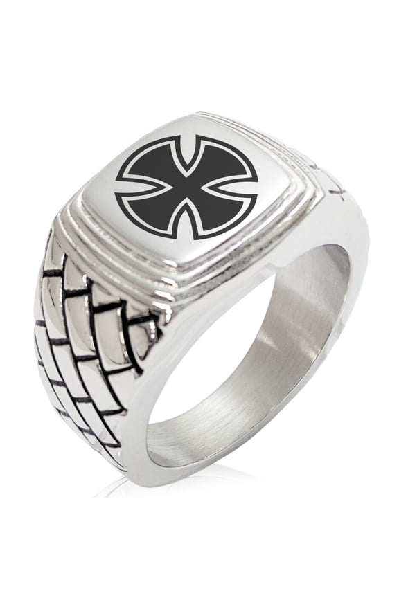 Stainless Steel Pattee Iron Cross Circlet Geometric Pattern Step-Down Biker Style Polished Ring
