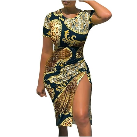 

Juebong Women s Sexy Summer Short Sleeve Round Neck Printed Drawstring Slitting Dress