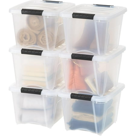 Stackable Plastic Storage Bins with Lids 6 Pack - Clear Organization Solution Locking Clasps Durable Nestable Containers Secure Pull Handles - Clear